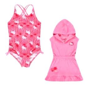 Hello Kitty Pink Shell Swimsuit and Hooded Terry Cover Up Set 2T Sanrio Mermaid